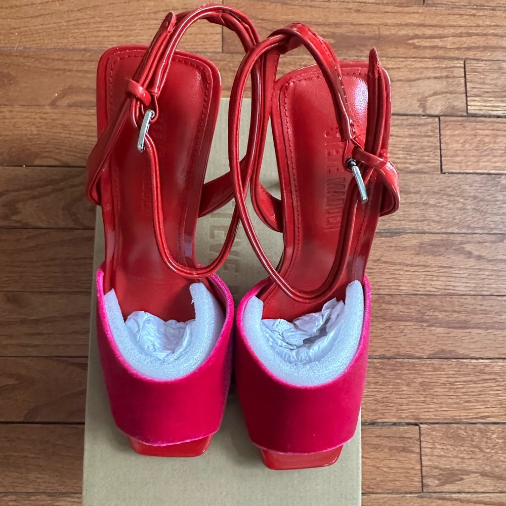Steve Madden Red and Pink Heels with Chunky Heel and Ankle Strap